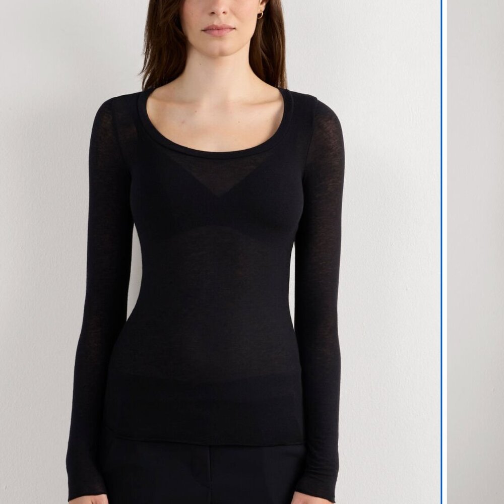 Intimissi Black Long Sleeve Scoop Neck Top in Ultralight Modal with Cashmere S